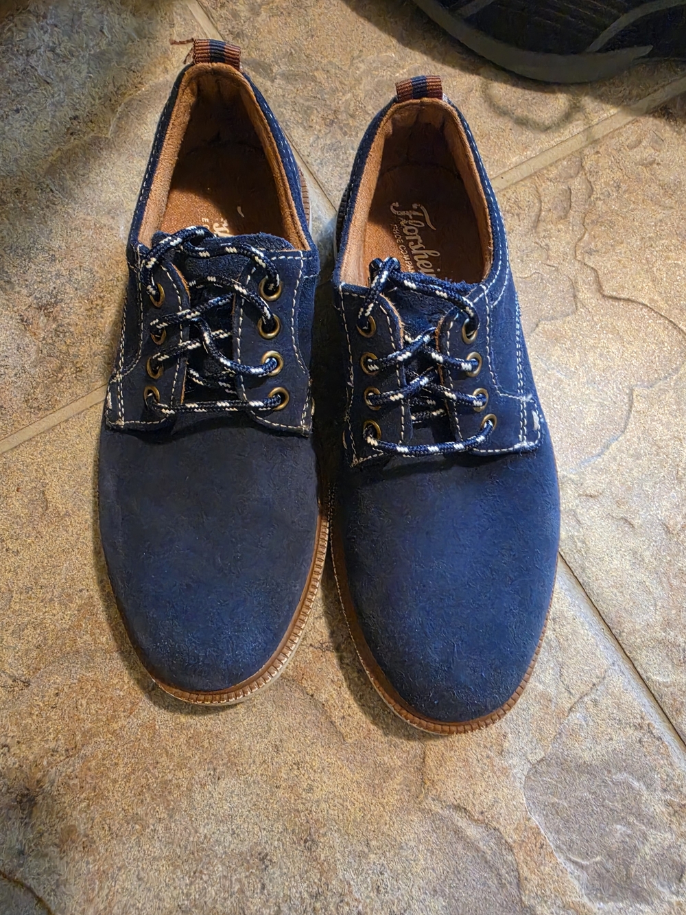 Boys Navy Florsheim Suede Slip-On Shoe with Brown Insole